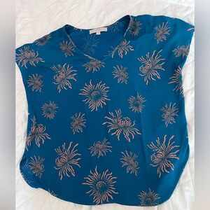 LOFT Teal Blouse with Coral Pattern